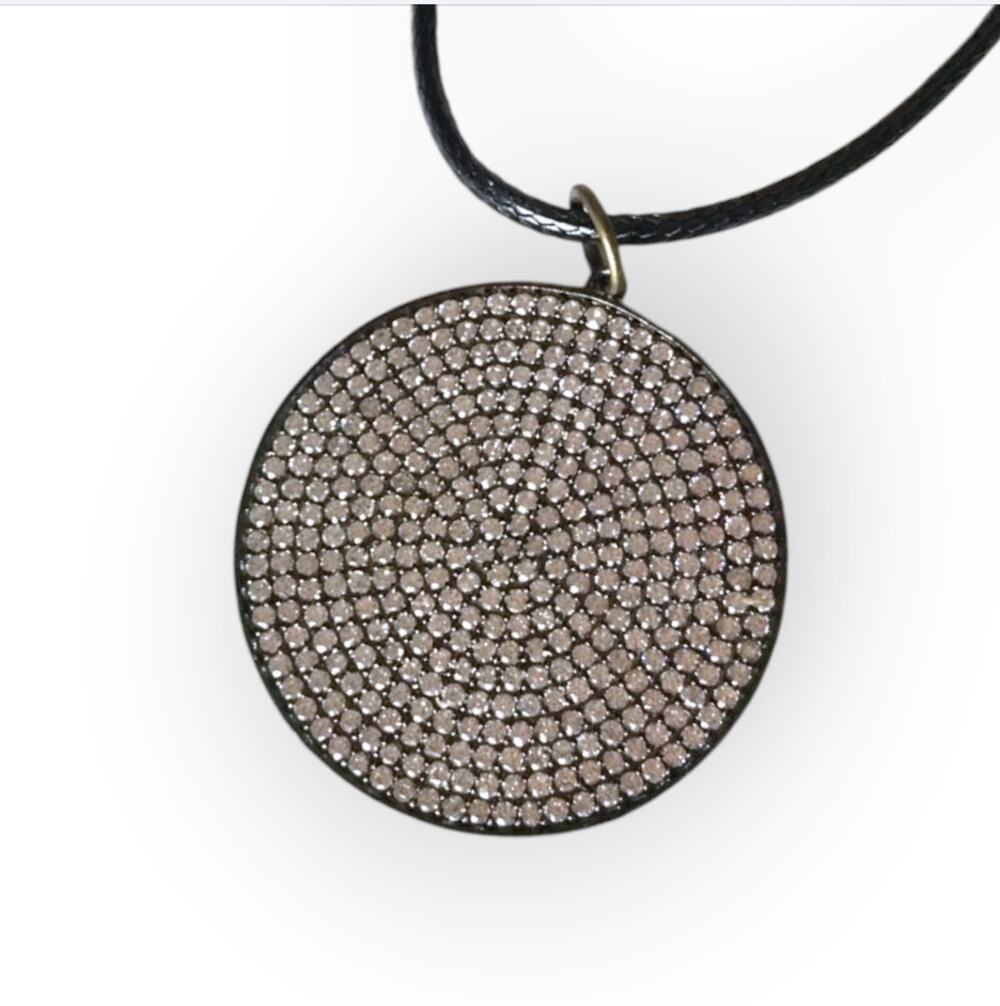 Gunmetal and rhinestone circle/shield pendant necklace